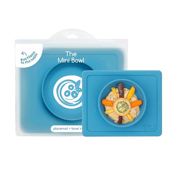 ezpz Mini Bowl (Blue) - 12 Months+ 100% Silicone Suction Placemat + Bowl for Toddlers -  with a Reusable Travel Bag