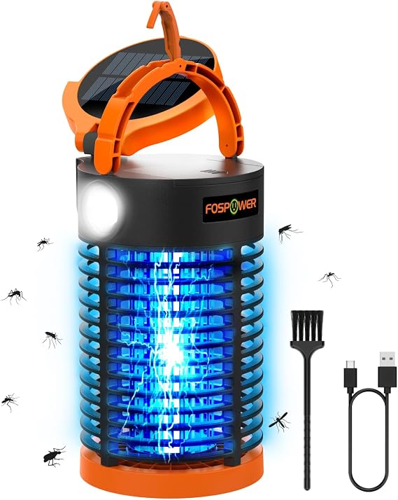 FosPower Bug Zapper Outdoor & Indoor (5-in-1) 3300V Mosquito Zapper with 29600mWh Power Bank, Rechargeable USB/Solar Charging, Flashlight, Reading Light, SOS Signal for Patio, Camping Essentials
