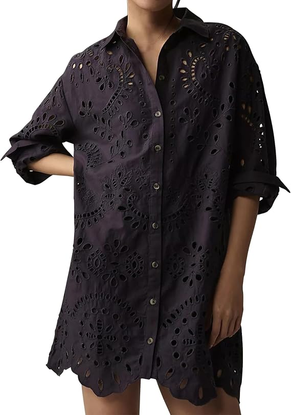 CHARTOU Women Eyelet Lace Dress Button Down Shirt Loose Fit Summer Casual Mini Dress