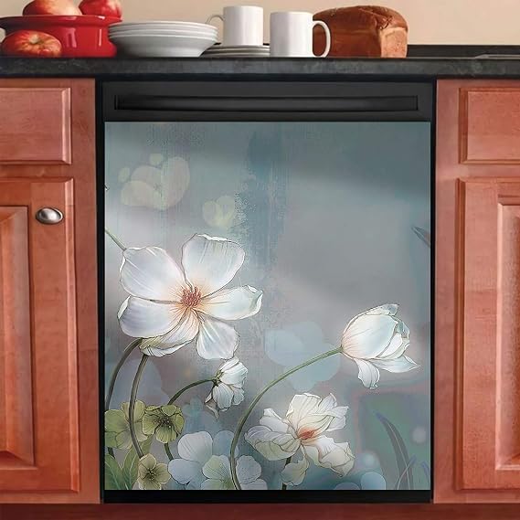 Magnet Dishwasher Cover Decorative for Kitchen,Dish Washer Door Sticker,Refrigerator Magnetic Stickers,Home Cabinet Decor Panel Decal (Blooming White Flowers, 23"W26"H)