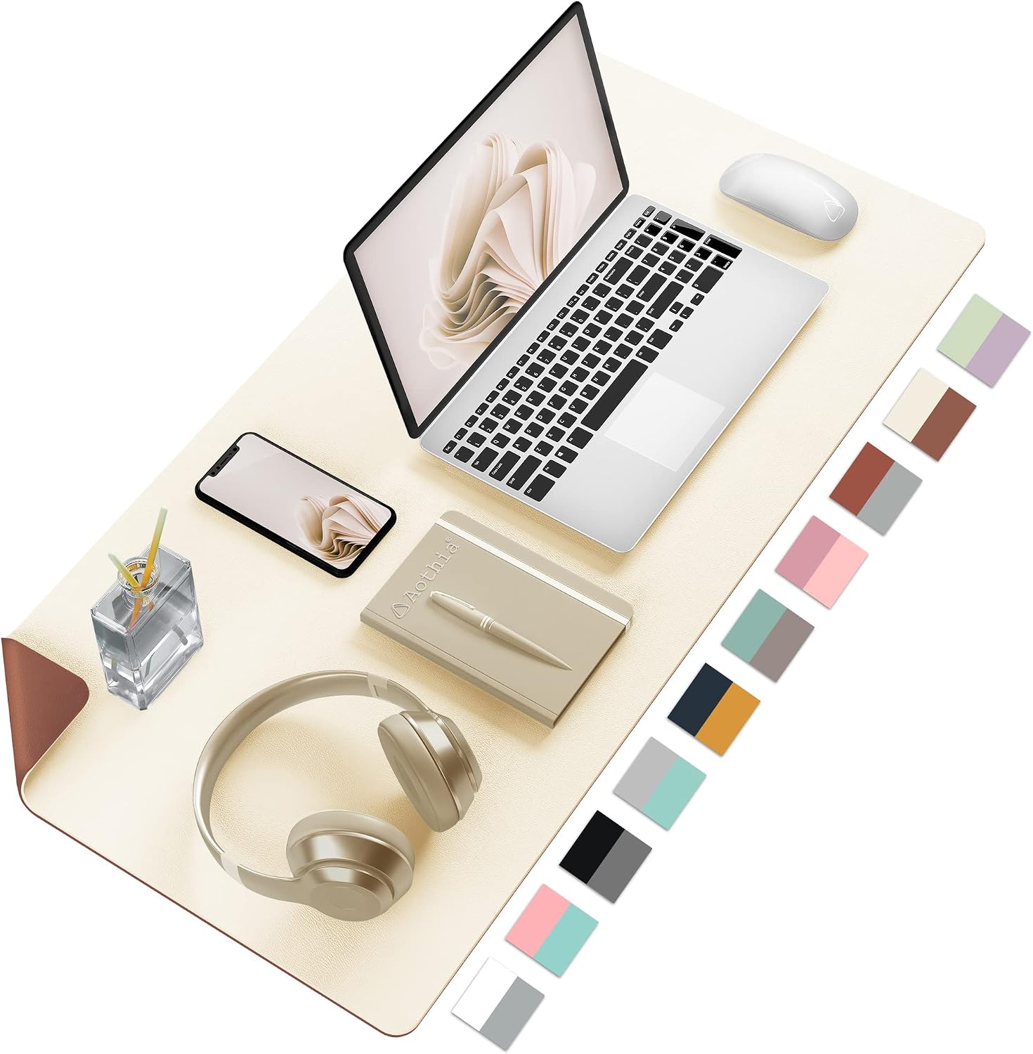 Aothia Double-Sided PU Leather Desk Pad - Non-Slip Large Mouse Pad & Desk Mat for Office, Home - Waterproof, Easy to Clean, Durable Dual-Sided Surface 23.6x13.7, Beige