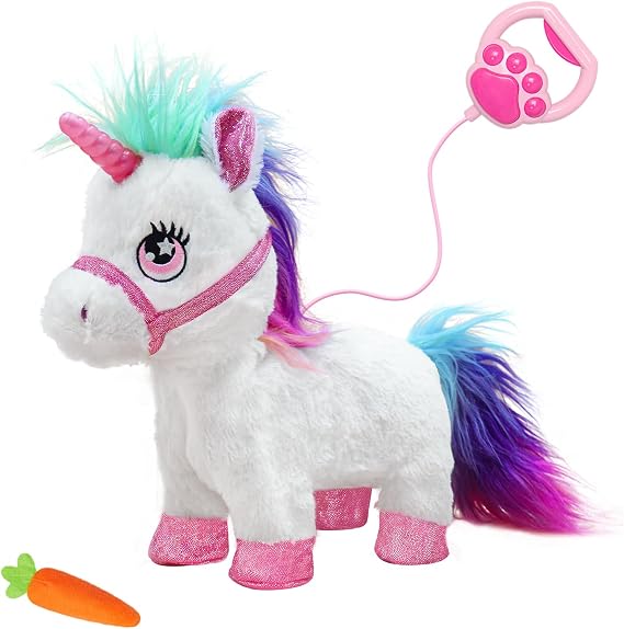 Interactive Unicorn Pet Toy with Leash Remote Walks, Sits & Eats; Light-Up Horn, Touch & Sound Mode, Comb & Carrot, 3AAA (Not Included), YH YUHUNG Unicorn Gift Toy for Girls Age 4-6