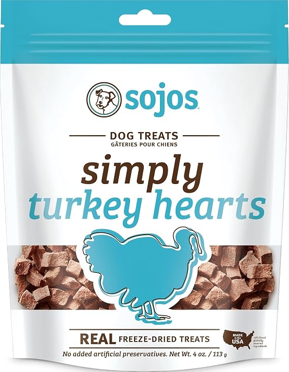 Sojos Simply Freeze Dried Turkey Hearts Dog Treats, Grain Free, Natural, 4 oz Bag