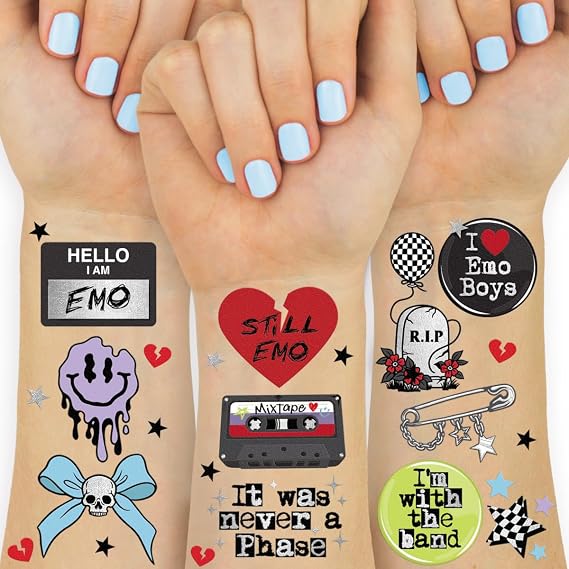xo, Fetti 54pc Emo Temporary Tattoos | Goth Punk Party Decorations Favors | 54 Styles, Birthday, Grungy Accessory, Rock, Dark Aesthetic, Sad Girl Accessories, Music Festival, Concert, Night Supplies