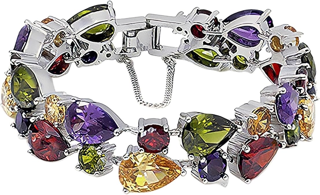 Hermosa Silver Bangle Bracelets For Women Classic Fashion Bracelet with Gemstone Garnet White Topaz Amethyst Citrine Peridot Pink Topza 7 Inches