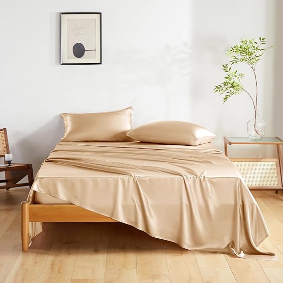 THXSILK Silk Sheet Set 4 Pcs, Queen Size Sheet Set, Soft Breathable Cooling Bed Sheets with 1 Flat Sheet, 1 Fitted Sheet, 2 Pillowcases with Zipper Closure, Champagne
