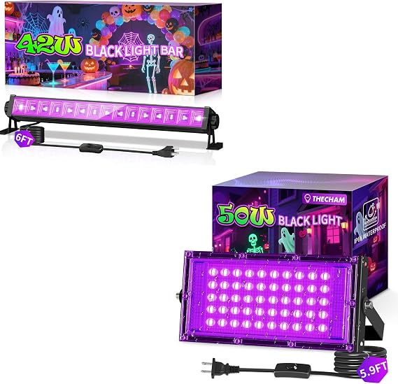 THECHAM 42W LED Black Light Bar Indoor+50W Blacklight Outdoor for Glow Party, Fluorescent Poster, Body Paint, Birthday, Halloween, Bedroom, Classroom