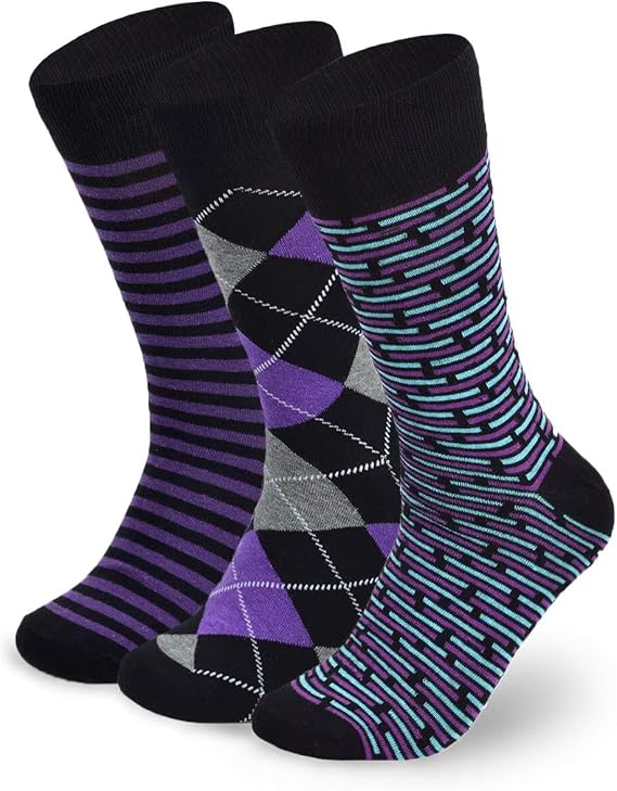 BG Premium Dress Socks for Men. Classic and Formal Apparel Patterned Socks, 3 Pair Set with a Gift Box - Purple Pattern