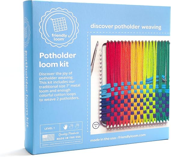 Friendly Loom 7 Traditional Potholder Weaving Kit | Sturdy Metal Loom and Quality Cotton Weaving Loops in Rainbow Colors | Complete Kit to Weave 2 Functional Potholders | Made in the USA