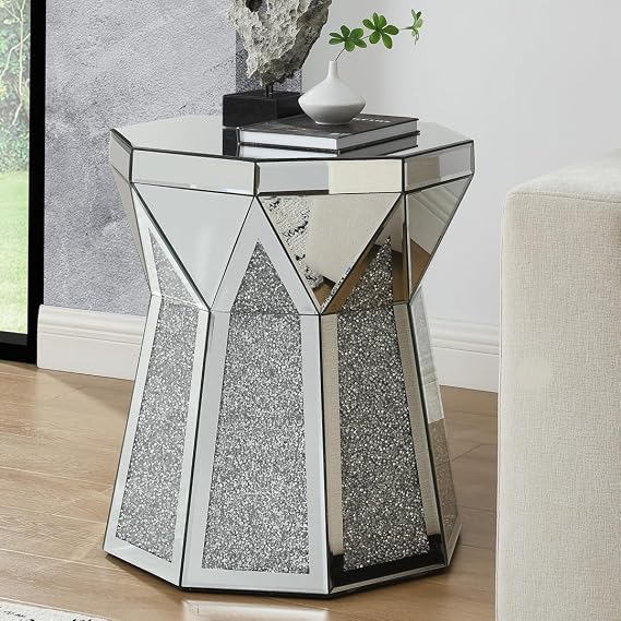 IKIFLY Mirrored End Table with Crushed Diamond, Silver Side Table, Modern Nightstand for Living Room, Office, Bedroom
