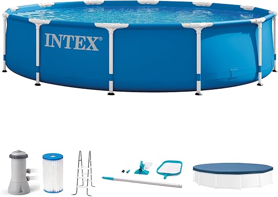 Intex 12 Foot by 30 Inch Framed Above Ground Swimming Pool with 42 Inch Tall Ladder, Maintenance Kit Vacuum Skimmer, and Secure Vinyl Pool Cover