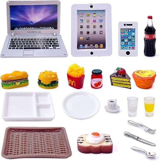 20Pcs Miniature Laptop Computer Tablet Toy Phone Pad and Hamburger Fries Cola Fast Food Cake Coffee Juice Fits Doll Accessories Scale Dollhouse Playsets Girl Mini Drink Food Party