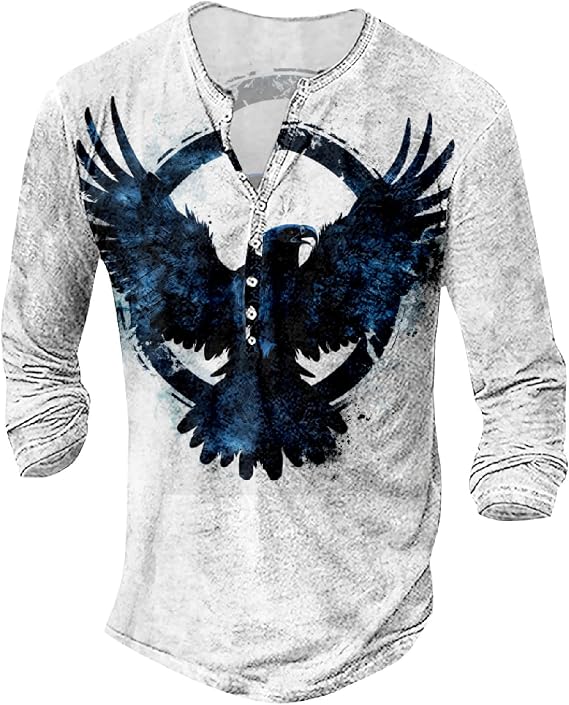 DMOYALA Mens Distressed Henley Shirts Long Sleeve Cotton T-Shirts Vintage Graphic Tee Washed Streetwear Retro Tee