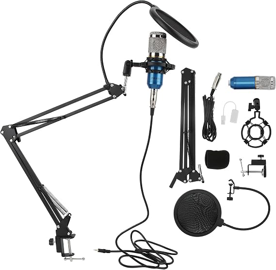 BM800 Condenser Microphone Kit USB, Recording Microphone with Flexible Arm, Clear Sound 48KHZ 16BIT, for Streaming Singing Dubbing, Includes Shock Mount Desk USB Cable (Blue + Silver)