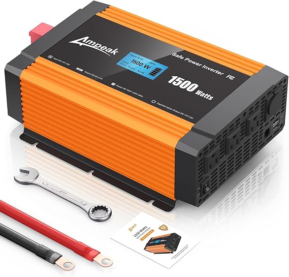 Ampeak 1500W Modified Sine Wave Inverter, 12V DC to 110V AC, 17 Protections | 3000W Surge, 3 AC Outlets, Dual USB 6.2A, LCD Display, 17 Protections, for RV Outdoor Emergency