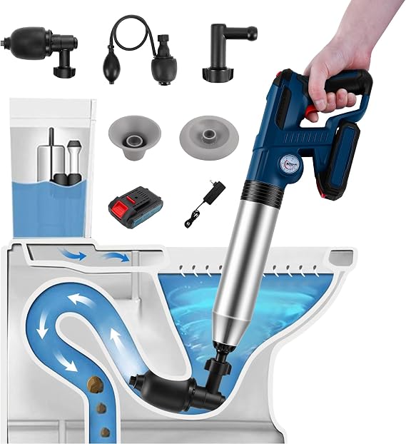 Electric Plunger Toilet,High Pressure Electric Air Drain Blaster Gun with Visual Barometer,air power plunger for bathroom,Kitchen Bathtub Toilet Floor Drain Clogged Pipe