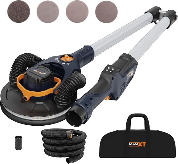 MAXXT Brushless Drywall Sander - 4 mm Eccentric Dual Channel Ceiling Adhesion 4000-8500 rpm Single/Dual Channel for Drywall 400 W 1.65 m Long LED Light Foldable 215 mm Pad