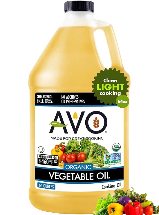 AVO Organic Vegetable Oil, 64 Fl Oz, Cooking & Frying, No Preservatives | 450F Smoke Point Vegetable Oil (Half Gallon), Neutral Taste, Great for Baking, Sauteing & Everyday Cooking