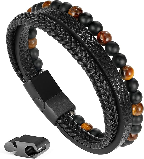 Beaded Leather Bracelets - Gifts for Men, 6mm Tiger Eye Lava Rock Stone Beads Braided Leather Bracelet Handmade Mens Bracelet With Adjustable Magnetic Clasp