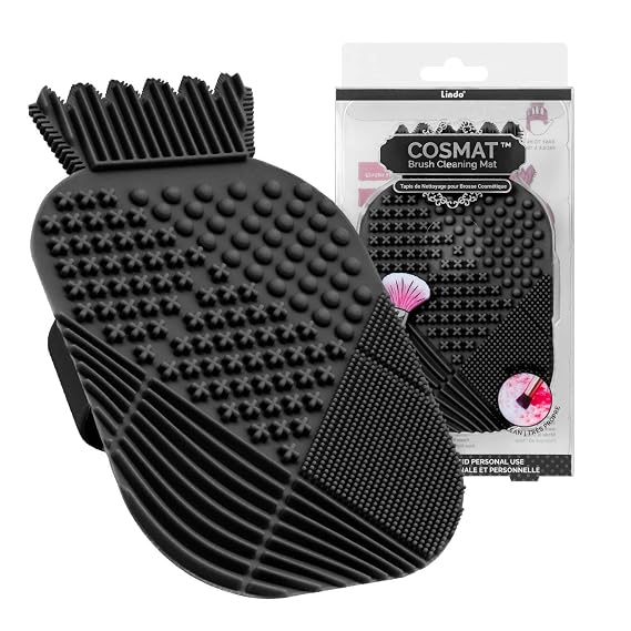 Lindo CosMat Makeup Brush Cleaning Mat - Silicone Brush Scrubber, Portable Washing Tool with Handle (Black)