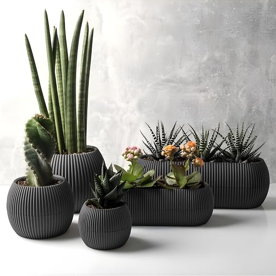 Mercan Saksı Set Dekoratif Drenajlı Çizgili Mat (5 Parça, Gri)
