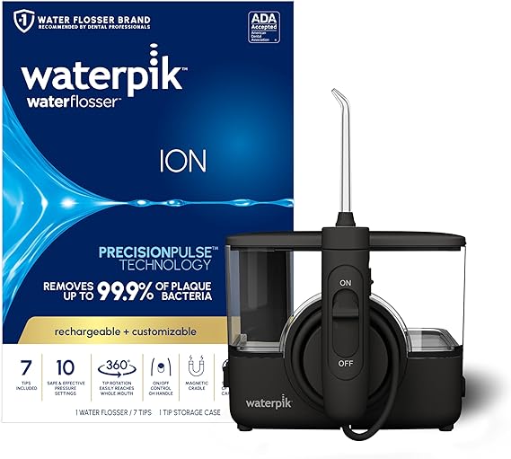 Waterpik ION Rechargeable Water Flosser with 10 Settings, 7 Tips, Black