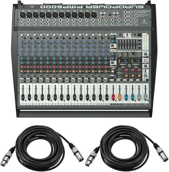 EUROPOWER PMP6000 1600W 20-Channel Powered Mixer, Bundle with 4x 25' XLR Microphone Cable