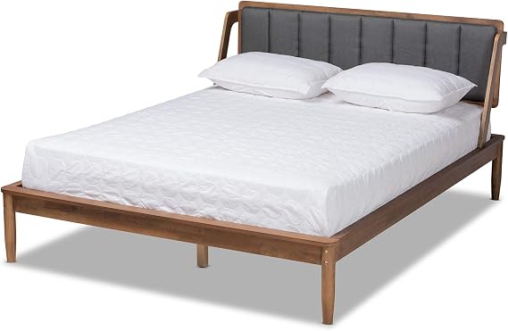 Baxton Studio Helsa Mid-Century Modern Dark Grey Fabric Upholstered and Walnut Finished Queen Size Platform Bed