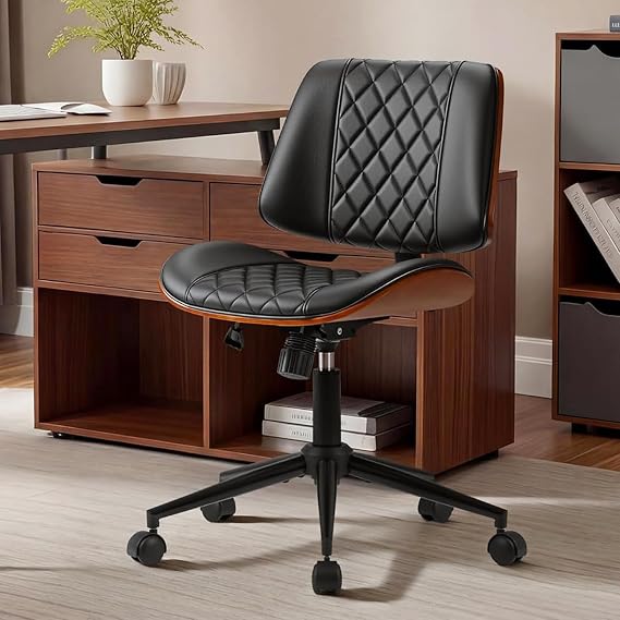 Furmax Home Office Desk Armless Chair, Small Walnut Modern Desk Chair with Wheels, Adjustable Height No Arms PU Leather Mid Back 360 Swivel Vanity Chair for Office, Meeting Room(Black)