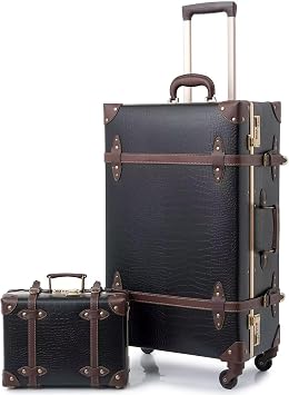 urecity Vintage Luggage Set of 2, Retro Suitcase Trunk with Wheels for Men and Women, Cute Designer Travel Luggage Set with Boarding Tote, Luggage Zipperless TSA Approved