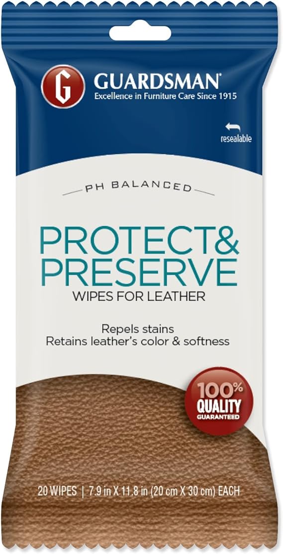Guardsman Protect & Preserve Wipes For Leather 20 Wipes - Repels Stains, Retains Color and Softness, Great for Leather Furniture & Car Interiors - 470600