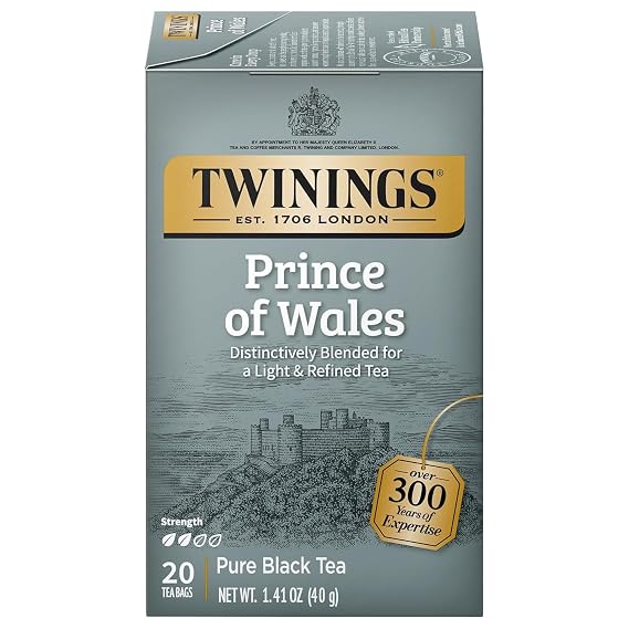 Twinings Prince of Wales Black Tea Individually Wrapped Bags, 20 Count (Pack of 1), Velvety Smooth & Mild, Caffeinated, Enjoy Hot or Iced, 20 Teabags | Velvety Smooth & Mild, Royal & Refined, Naturally Caffeinated, 20 Foil Lined Individually Wrapped Bags, Enjoy Hot or Iced