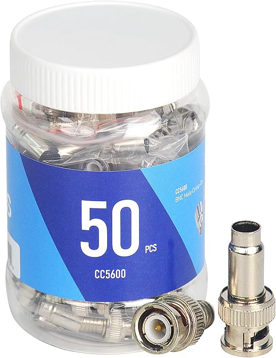 ENS BNC Male Crimp-On Connector, 2 Piece Set, Coax RG 59 Connector, Perfect for Professional CCTV Security Surveillance System, 50 PCs