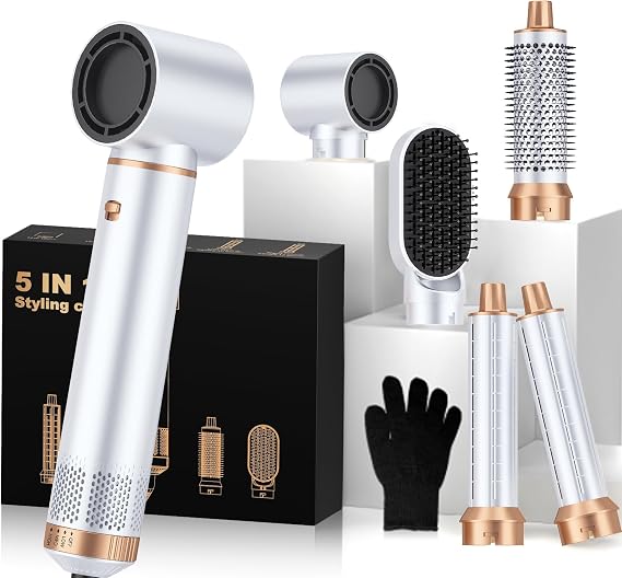 5 in ONE Hair Dryer Brush, Blow Dryer Curling Wand Hair Styling Tools Set, Ionic Hot Air Brush Round Brush Blow Dryer, Left&Right Styler 100-120V