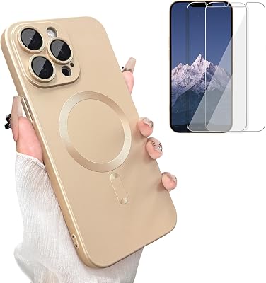 Magnetic for iPhone 13 Pro Phone Case for Women, [Compatible with Magnetic] Matte Soft Metallic Design with Lens Protectors & 2 Screen Protectors for iPhone 13 Pro 6.1-Champagne Gold
