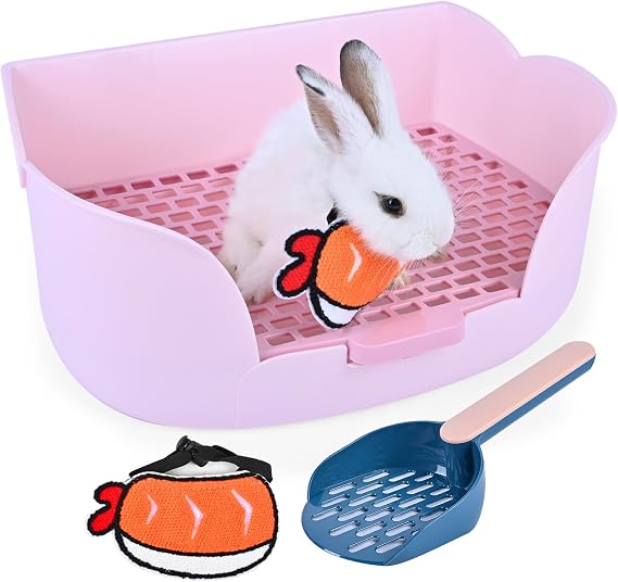 Large Rabbit Bunny Litter Box (15.5" x 11.1" x 6.2") Small Animal Litter Pet Toilet Potty Trainer Corner Litter Bedding Box Pet Pan for Rabbits Guinea Pig Easy to Clean (Light Pink)