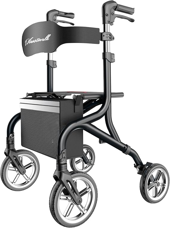 PLANET WALK Super Lightweight Rollator Walker for Seniors, Foldable Rolling Walker with Seat and 10" Rubber Front Wheels for All Terrain, Height Adjustable Backrest, Experience Comfort Anywhere-Black