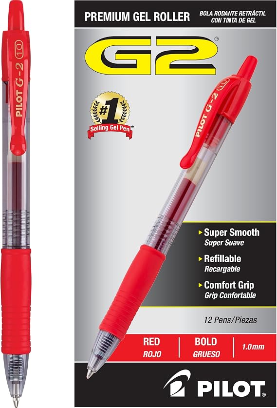PILOT G2 Premium Gel Roller Pens, Bold Point 1 mm, Red Pens, Pack of 12