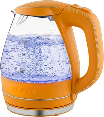 OVENTE Electric Kettle, 1.5L Borosilicate Glass Countertop Water Heater and Boiler for Coffee or Tea, BPA-Free, Auto Shut-Off, Boil-Dry Protection, Removable and Washable Spout Filter, Orange KG83O