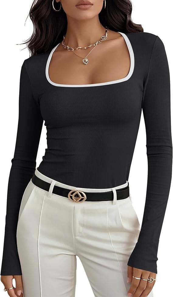 Prettywear Womens Long Sleeve Basic Tops Square Neck Ribbed Knit Color Block Shirts Fitted