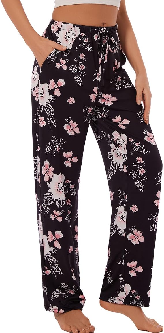 ccko Womens Comfy Pajama Pants with Pockets, Stretch Drawstring Lounge Pants, Soft Casual Wide Leg Pjs Sleep Bottoms