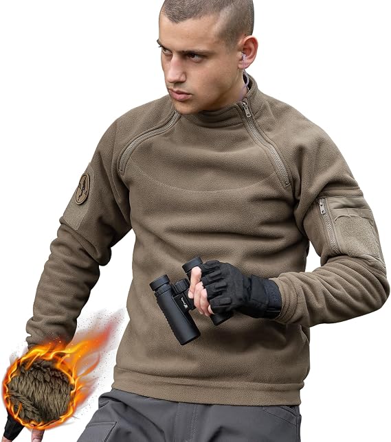 FREE SOLDIER Men's Tactical Fleece Lined Jacket Long Sleeve Crewneck Sweatshirts Pullover with Pockets Commando Sweater