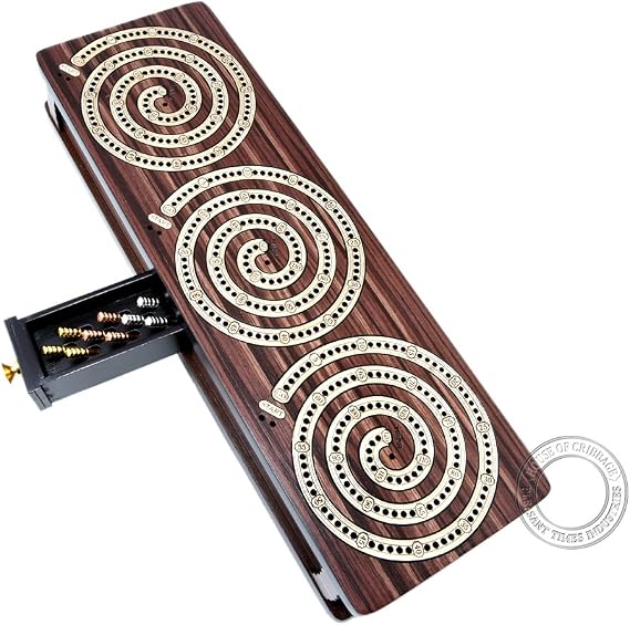 House of Cribbage - 3 Track - Spiral Design Continuous Cribbage BoardBox Inlaid in RosewoodMaple Wood - Separate Storage Space for Two Deck of Cards & Pegs