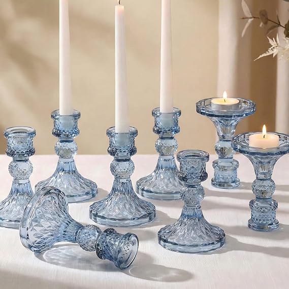 Glass Candle Holder Set of 12, Blue Taper Candle Holders Bulk