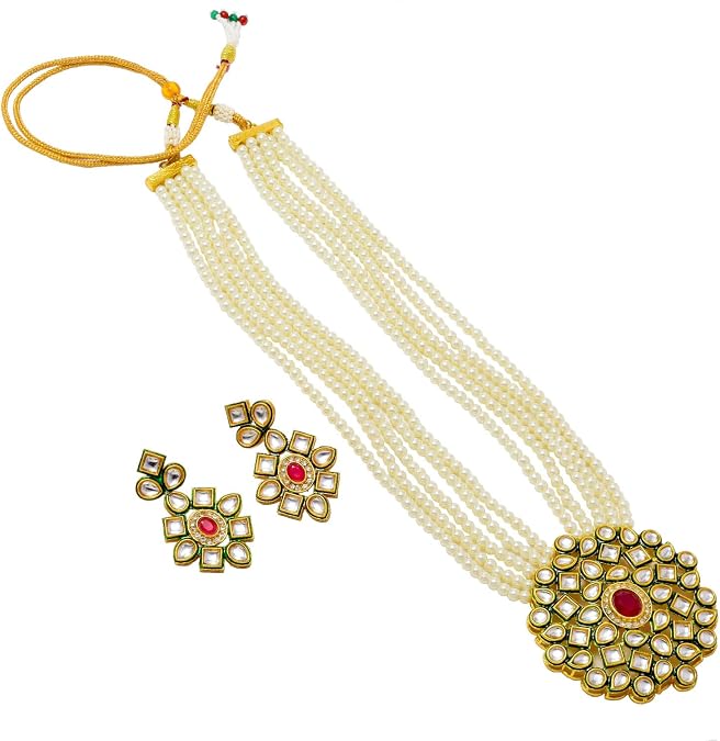Jewar Necklace Layered Onyx Crystal Beads Gold Plated Pearl Polki Ad Cz Multi Stones Gold Tone Meena Work With Matching Earrings Long Jewelry Set For Women
