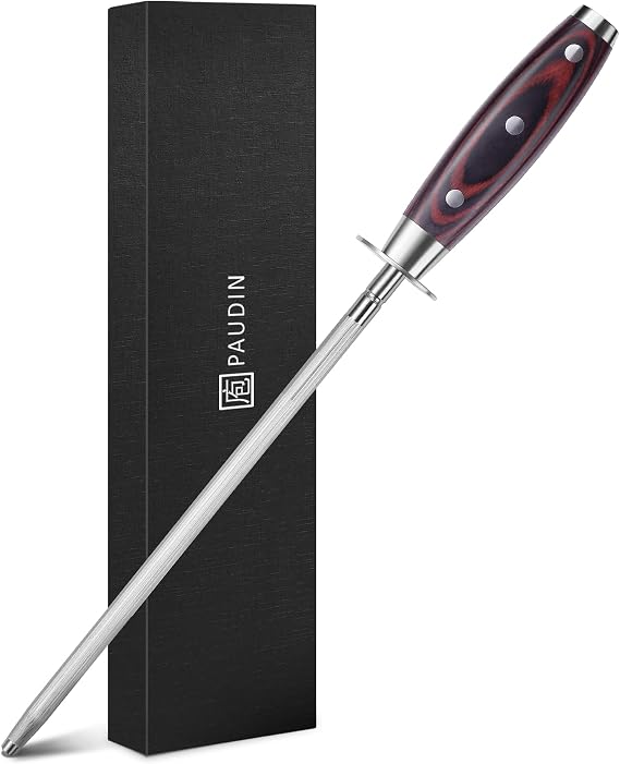 PAUDIN Honing Rod, Knife Sharpener Rod 10 inch, Professional Kitchen Knife Sharpener, High Carbon Knife Sharpening Steel with Ergonomic Pakkawood Handle, Honing Steel for All Chef Knives
