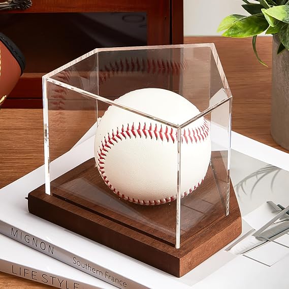 Maitys Baseball Display Case with a Home Plate Shaped Wooden Base and Acrylic Shell, Autograph Stand Box for Single Ball