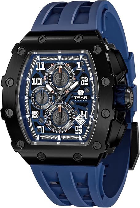 Tsar Bomba Mens Watches Quartz Wristwatch for Men Waterproof 50M Analog Luxury Tonneau Chronograph Calendar Date Mens Dress Business Work Watch Gift for Men