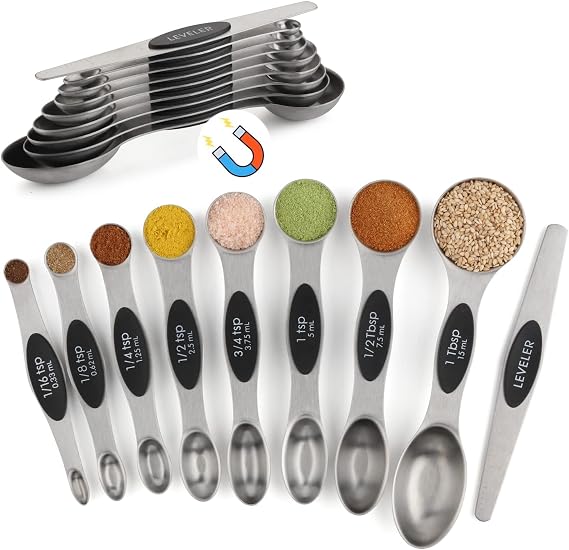 Measuring Spoon Set of 9 Magnetic Measuring Spoons Dual Sided Stainless Steel Measuring Spoons Stackable Nesting Tablespoon Teaspoon, Fits in Spice Jars, for Dry or Liquid Ingredients