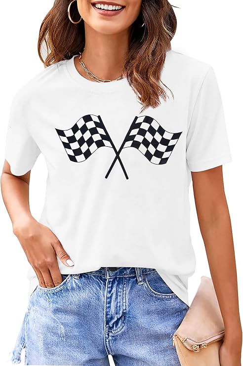 Racing Shirt Women Checkered Flag Printed T-Shirt Race Day Tee Funny Racing Apparel Causal Short Sleeve Tops